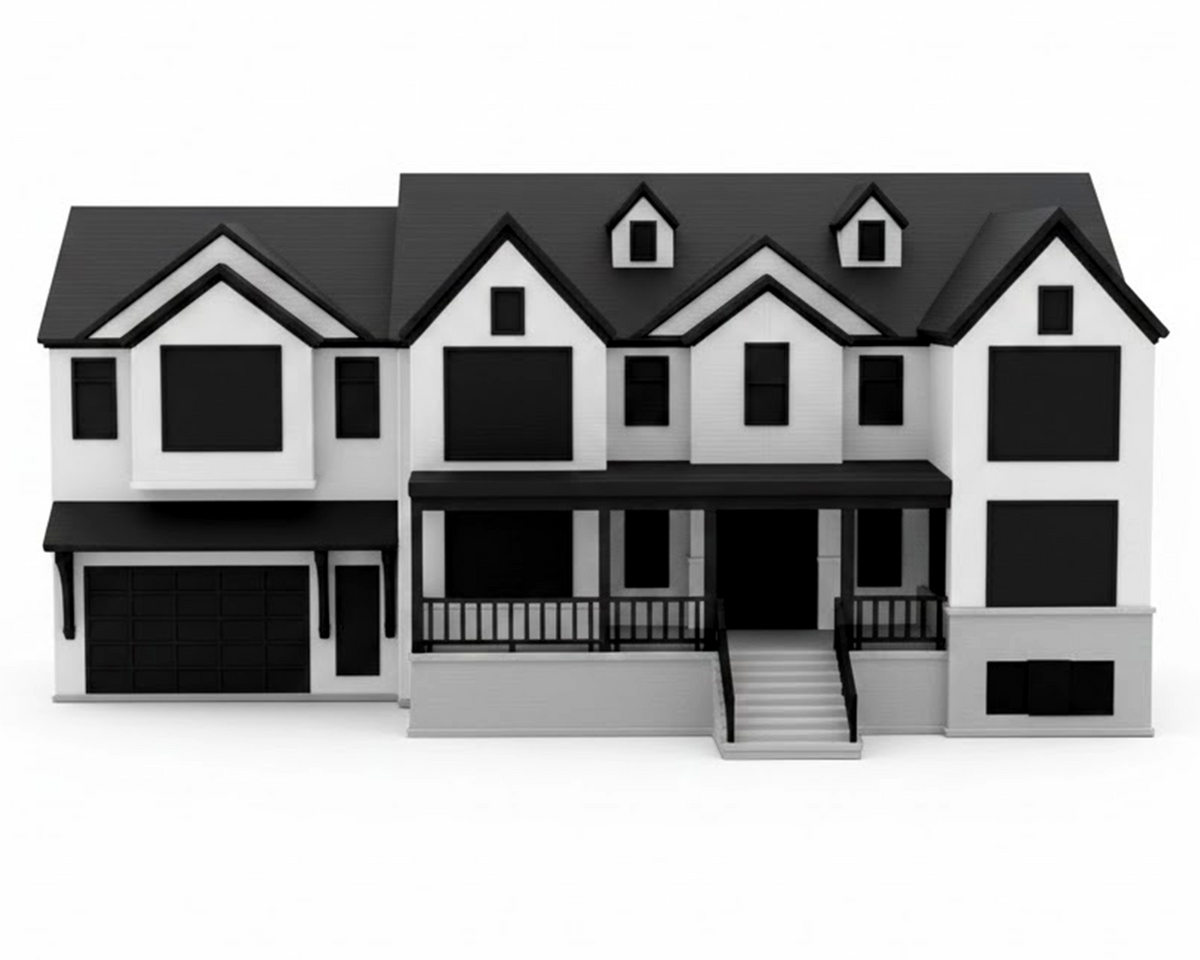 Black and white model of a house on a white background